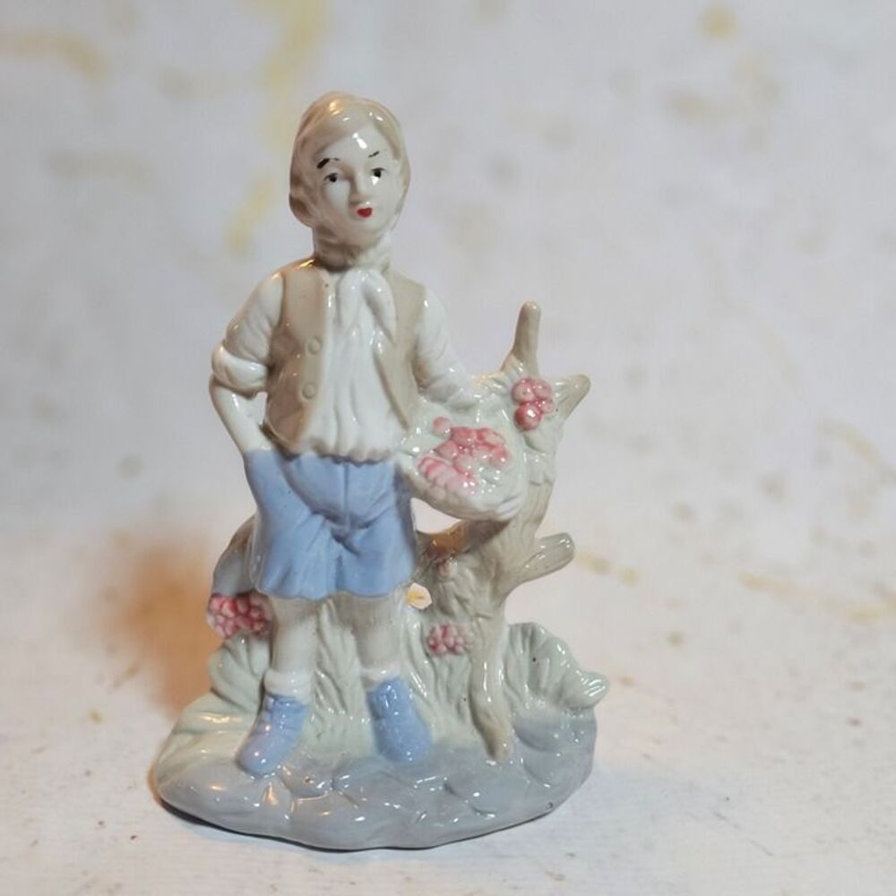 Vintage Porcelain Boy Figurine w/ Flowers Basket & Tree | Pastel Colors | Collec